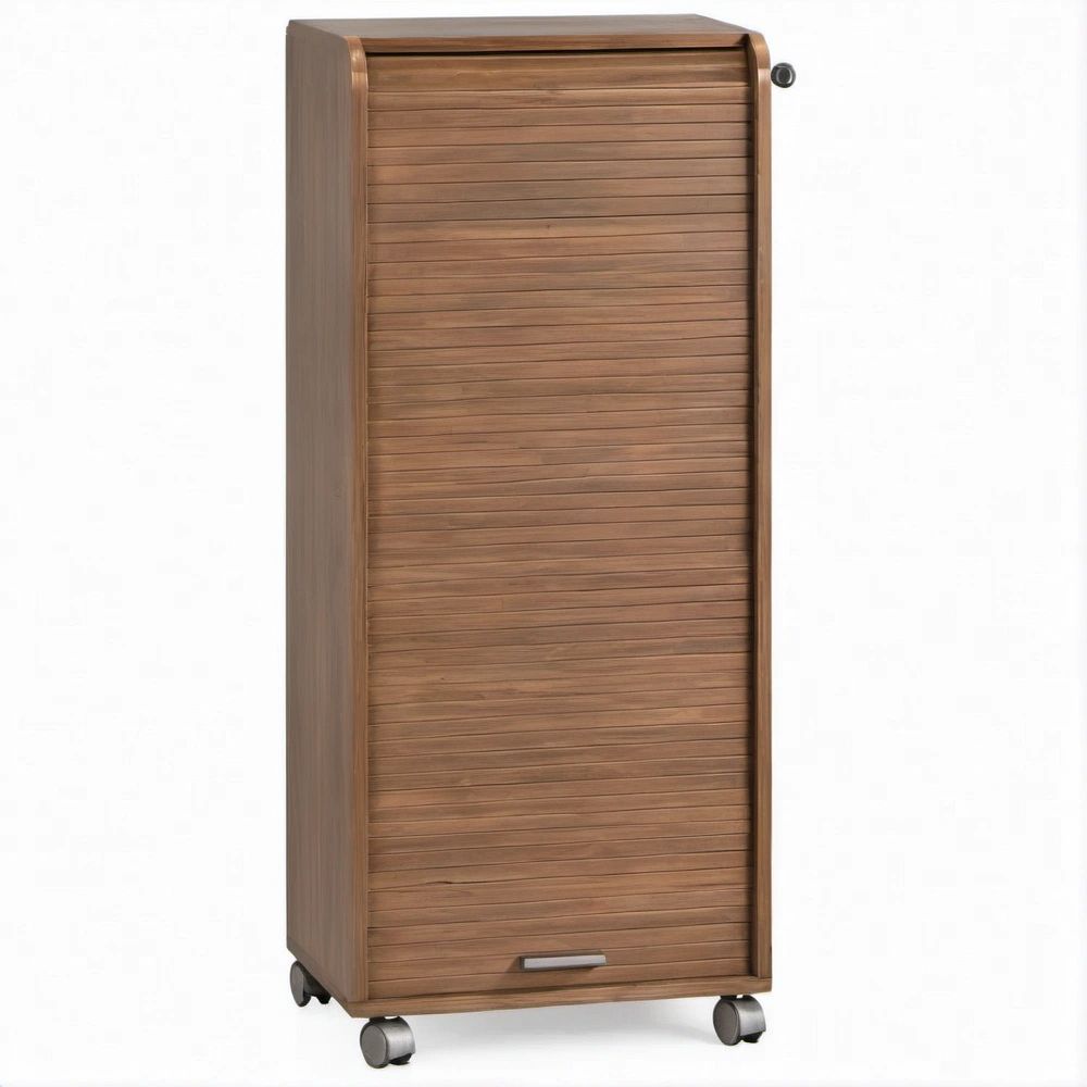 Armadio contenitore in MDF color Noce con serranda, serratura e ruote, 45 x 37 x 110 cm