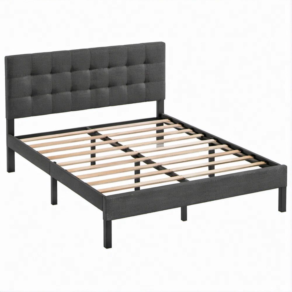 Letto matrimoniale 140 x 200 cm con testiera imbottita a riquadri, grigio scuro e nero