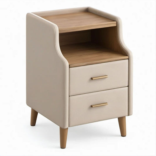 Comodino beige in pelle PU effetto noce e ottone, 45 x 40 x 65 cm