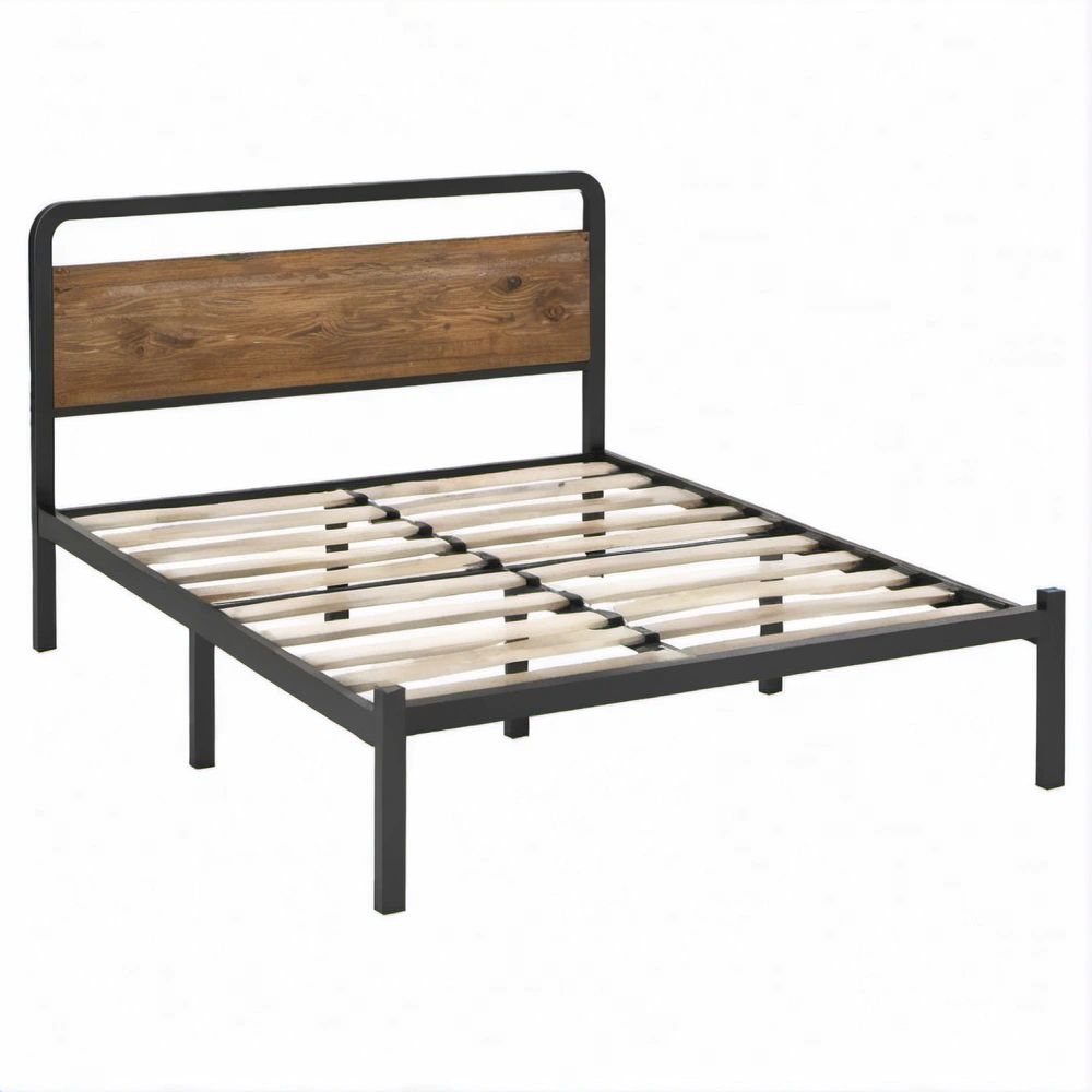 Struttura letto matrimoniale in acciaio nero e rovere con rete a doghe, 140 x 200 cm