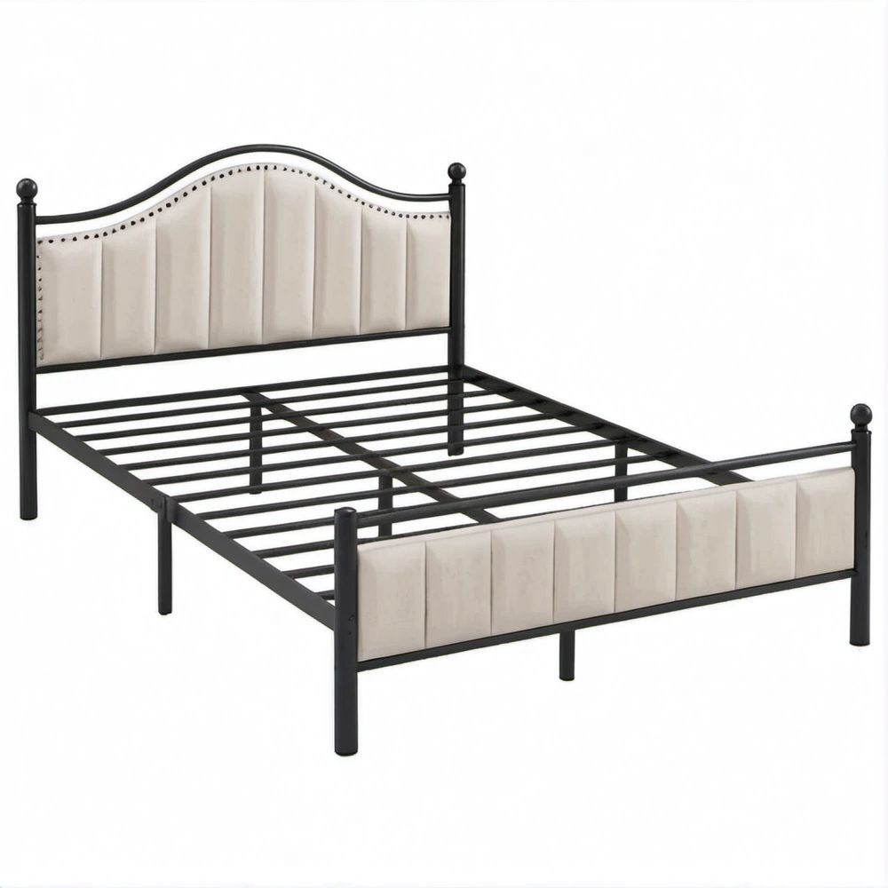 Letto matrimoniale 140 x 190 cm in acciaio nero e poliestere beige