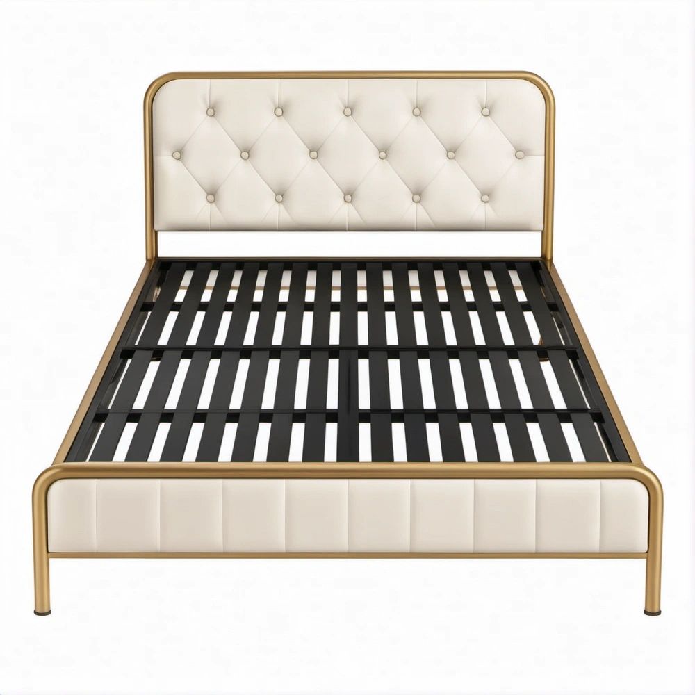 Letto Matrimoniale 160 x 200 cm con Testiera Capitonné Imbottita, Crema/Oro/Nero