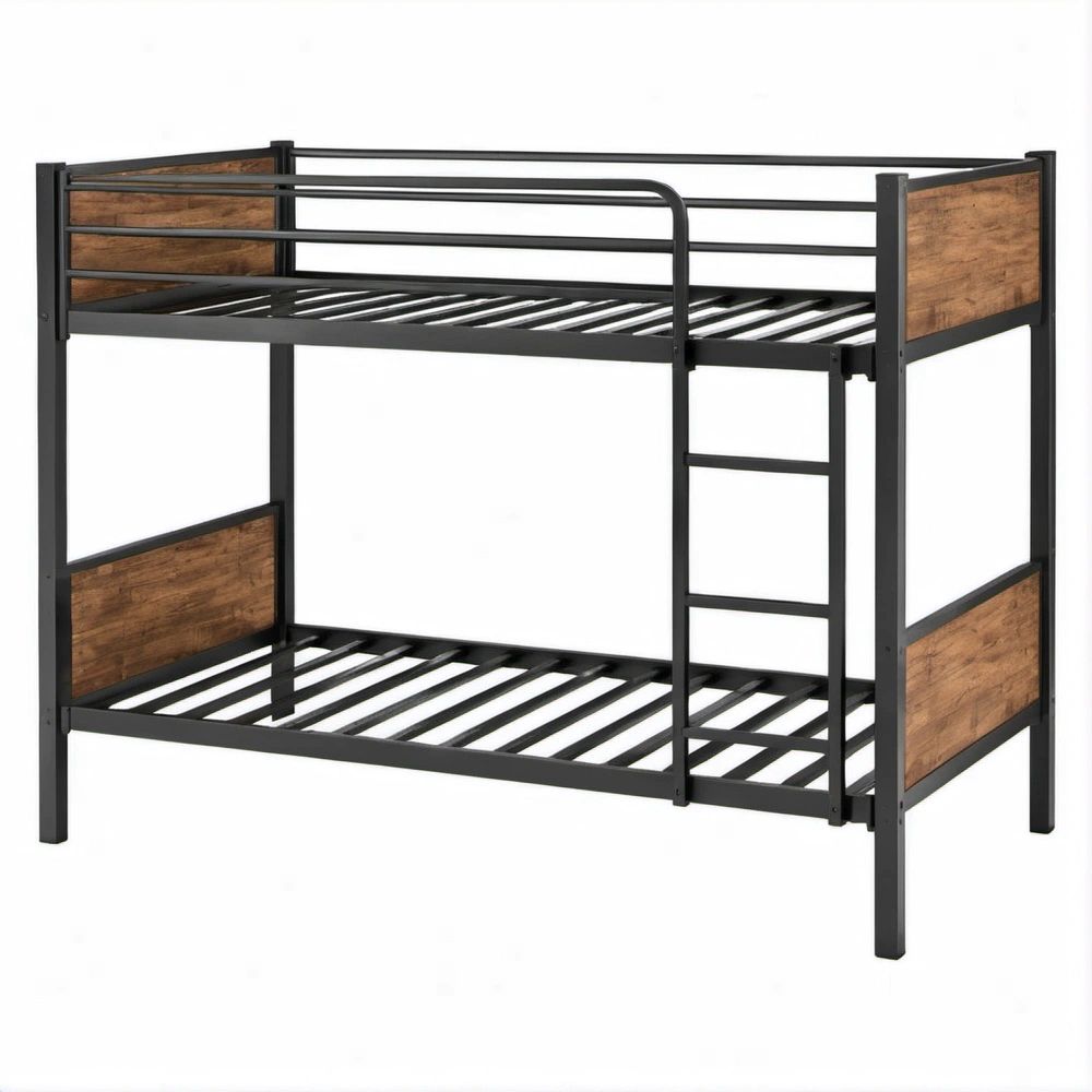 Letto a castello singolo in acciaio e MDF nero effetto rovere marrone, 90 x 190 cm