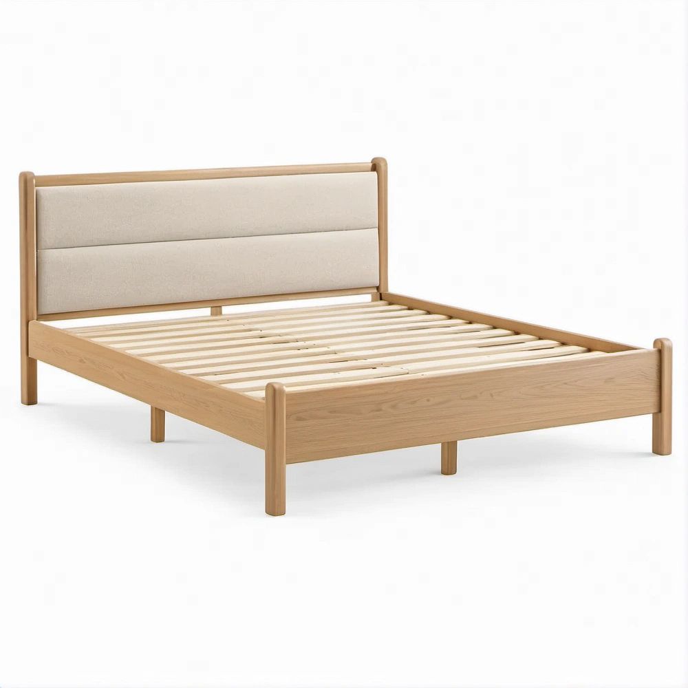 Letto matrimoniale in legno massello naturale con testiera imbottita beige, 160 x 200 cm