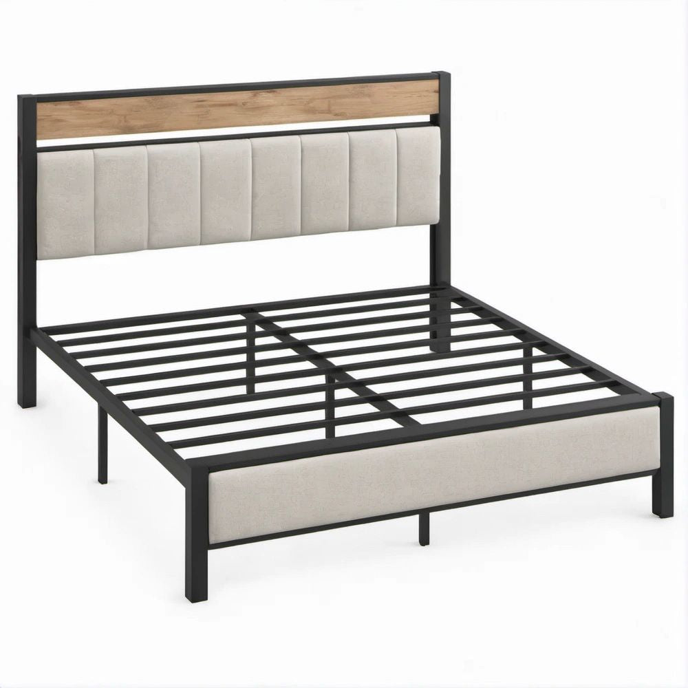 Letto matrimoniale 160 x 200 cm con rete a doghe, testiera imbottita, Nero/Beige/Rovere Naturale