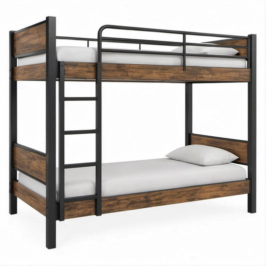 Letto a castello 90 x 190 cm in acciaio nero e pannelli effetto legno marrone