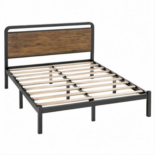 Letto matrimoniale 140 x 200 cm in acciaio Nero con testiera effetto legno Marrone