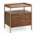 Comodino in MDF impiallacciato noce con 2 cassetti, 60 x 40 x 65 cm, Marrone Noce e Ottone