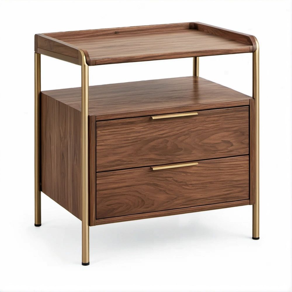 Comodino in MDF impiallacciato noce con 2 cassetti, 60 x 40 x 65 cm, Marrone Noce e Ottone