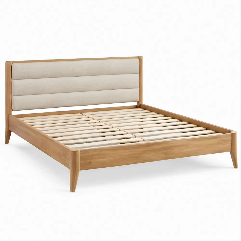 Letto matrimoniale 160 x 200 cm in legno massello naturale con testiera imbottita beige