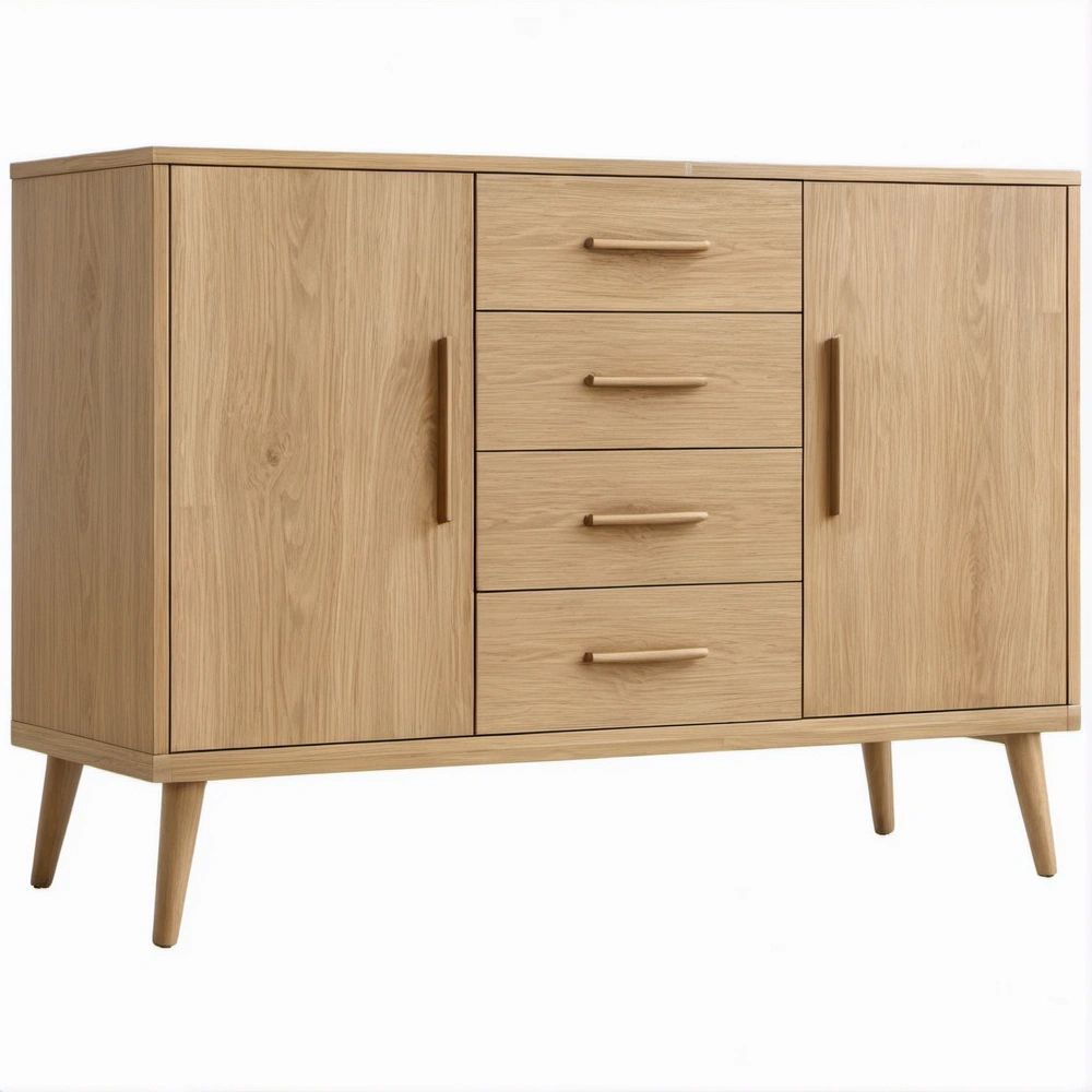 Credenza in rovere chiaro con 2 ante e 4 cassetti, 120 x 40 x 100 cm