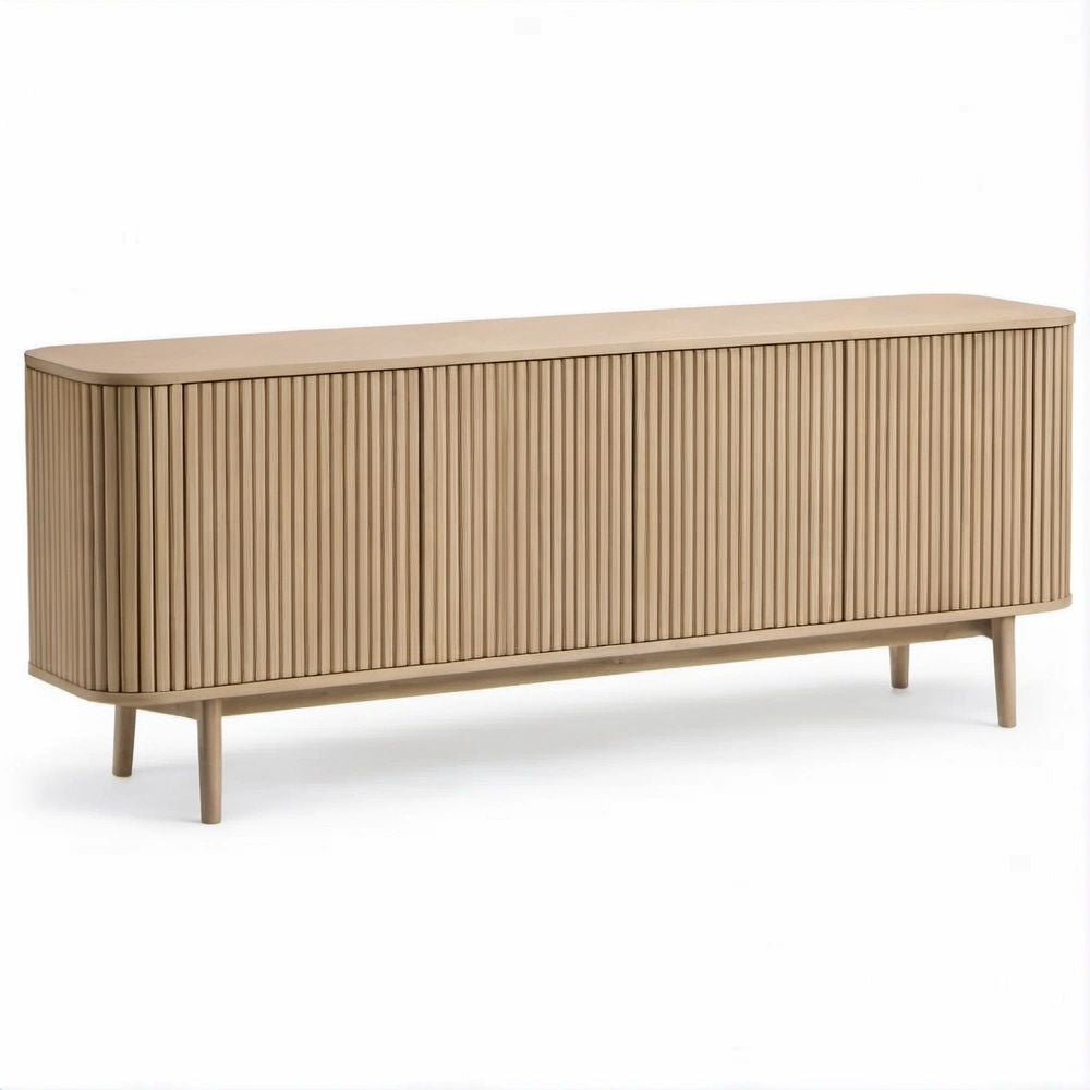 Credenza rettangolare in rovere chiaro con frontali scanalati, 160 x 40 x 75 cm