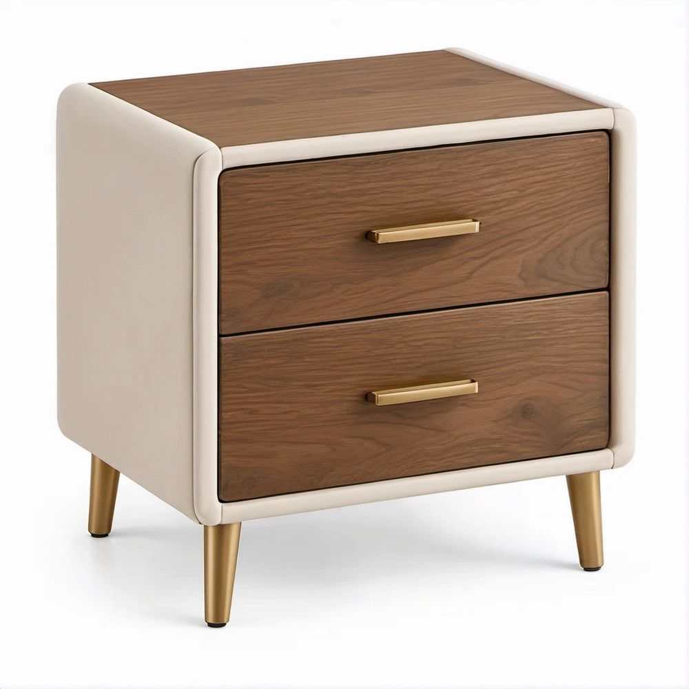 Comodino beige e noce 50 x 40 x 60 cm con 2 cassetti e dettagli oro