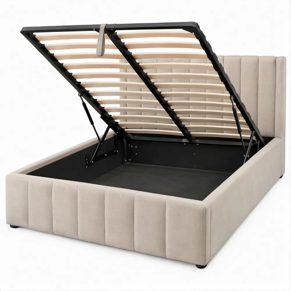 Struttura imbottita beige 160 x 200 cm con vano contenitore, apertura a gas e rete a doghe
