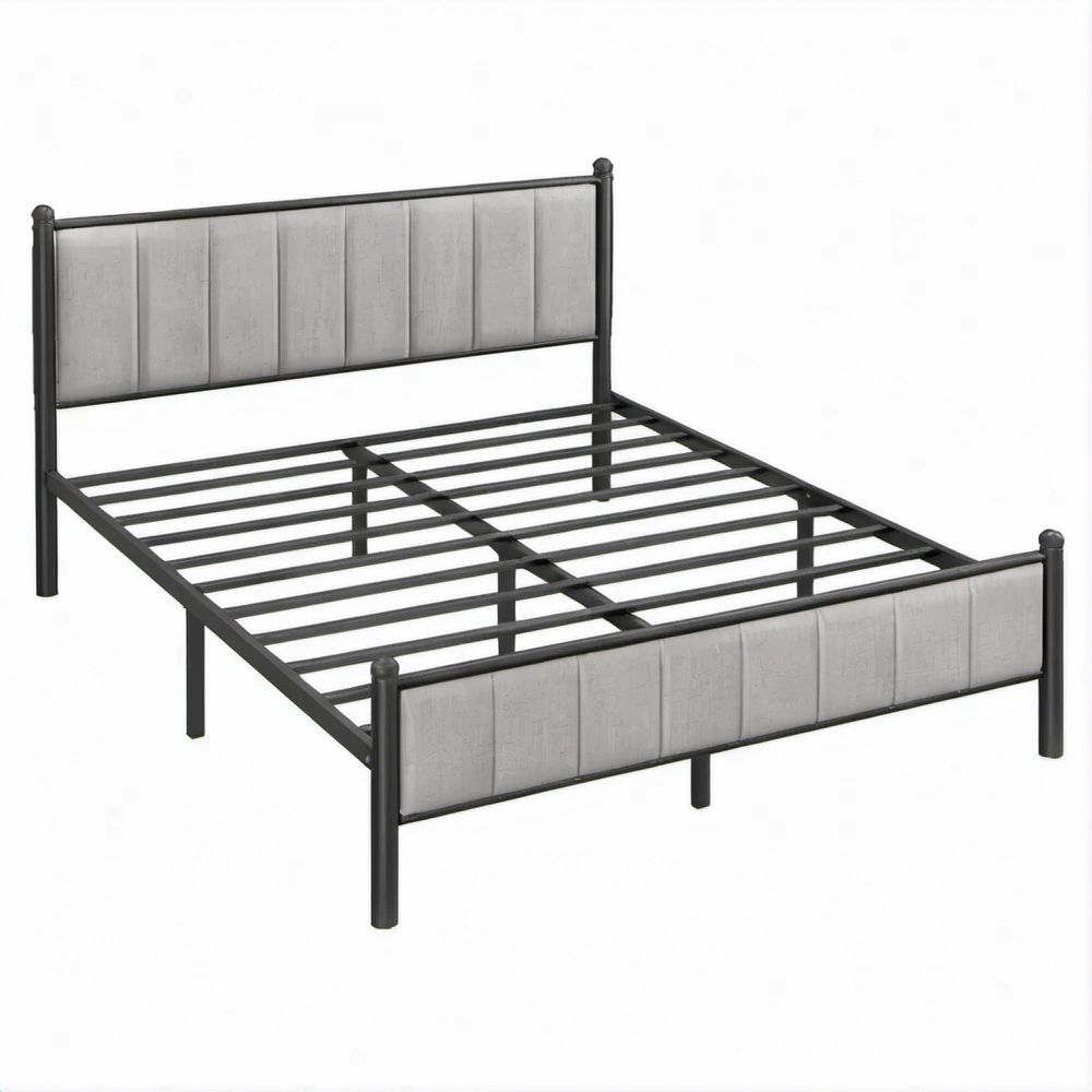 Letto matrimoniale 140 x 200 cm con struttura in acciaio nero e pannelli imbottiti grigi