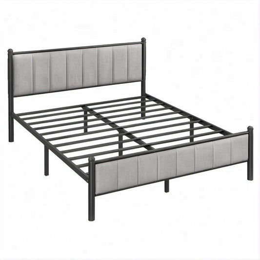Letto matrimoniale 140 x 200 cm con struttura in acciaio nero e pannelli imbottiti grigi