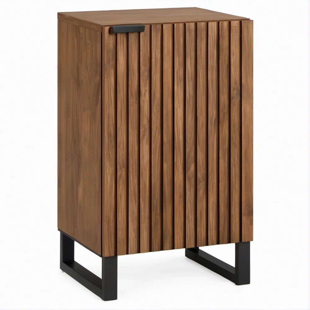 Mobile contenitore in MDF impiallacciato noce con anta scanalata e base in acciaio nero, 80 x 40 x 120 cm