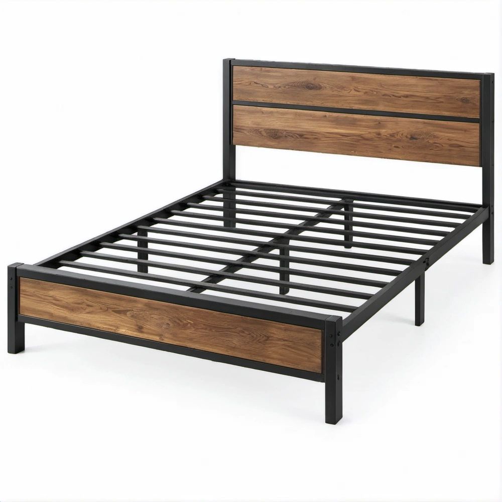 Struttura letto matrimoniale in acciaio nero e MDF effetto noce, 140 x 200 cm