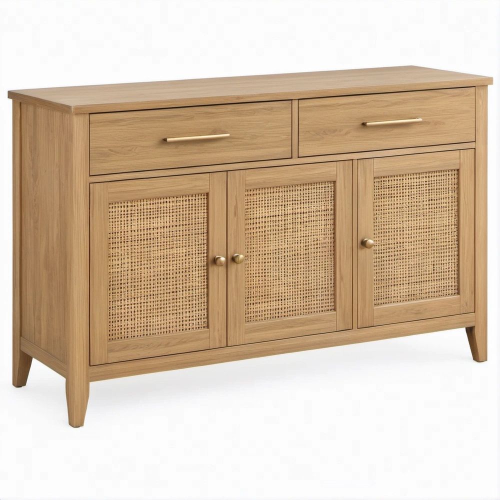 Credenza in rovere naturale e rattan 120 x 40 x 85 cm con 3 ante e 2 cassetti