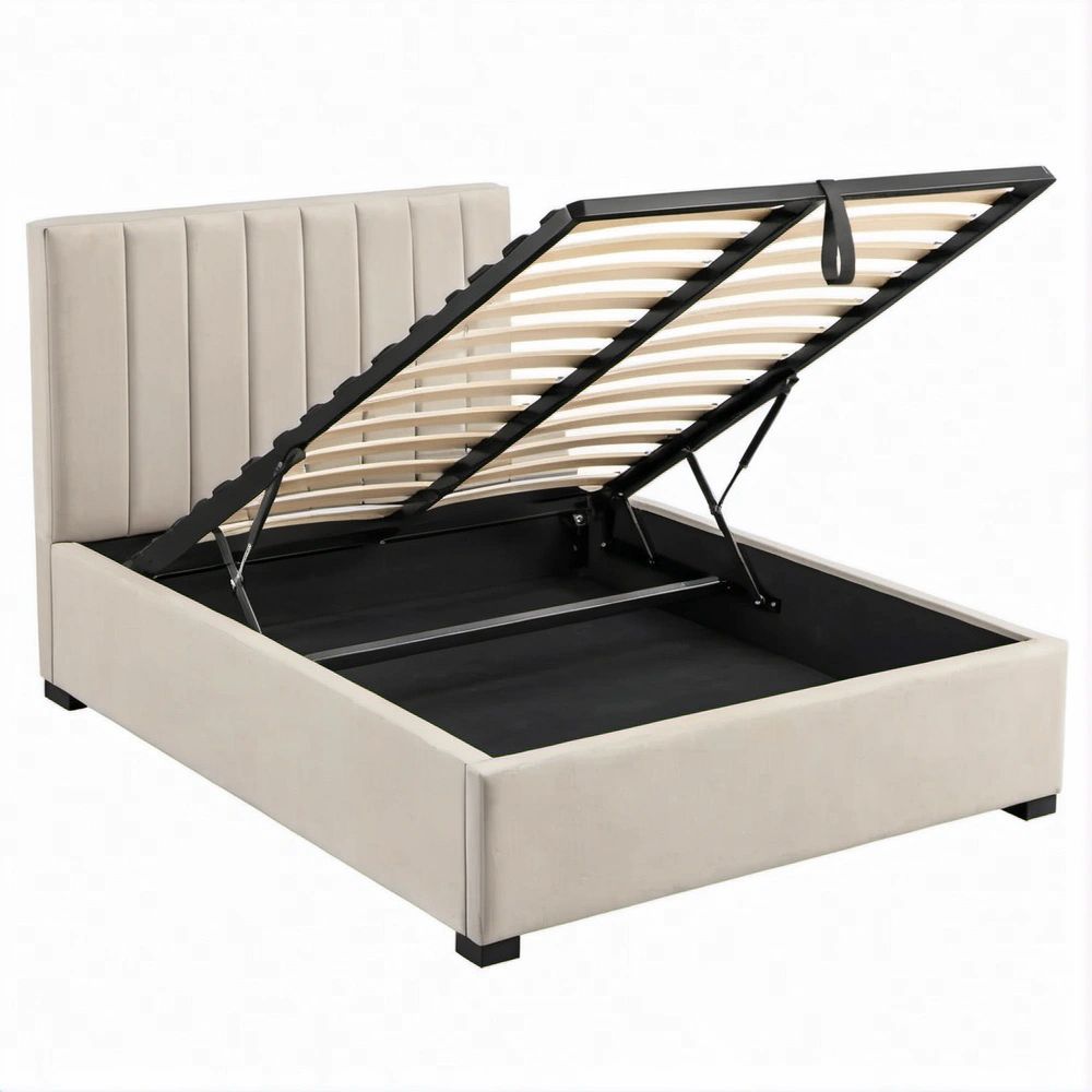 Letto matrimoniale con contenitore in velluto beige, 160 x 200 cm