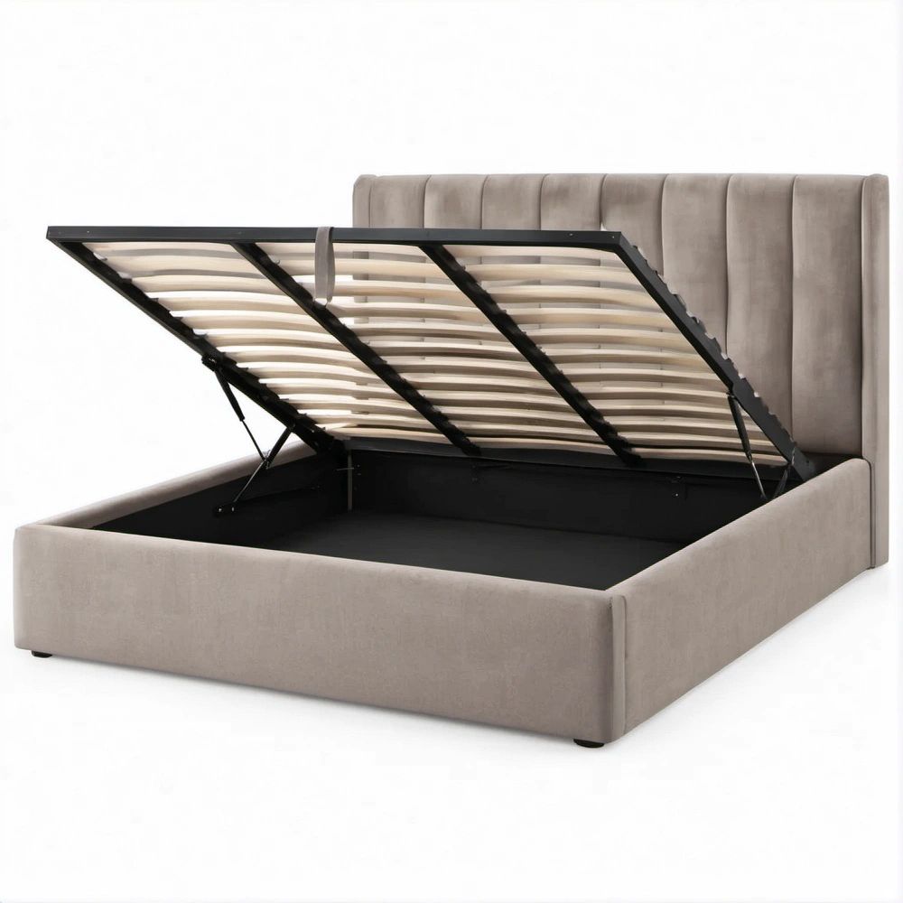 Letto matrimoniale contenitore in velluto tortora e nero, 160 x 200 cm